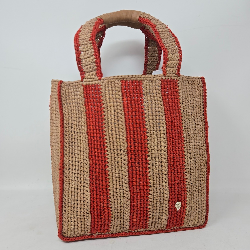 Helen Kaminski Nami Mini Tote Raffia Crochet Bag Striped Leather Handle